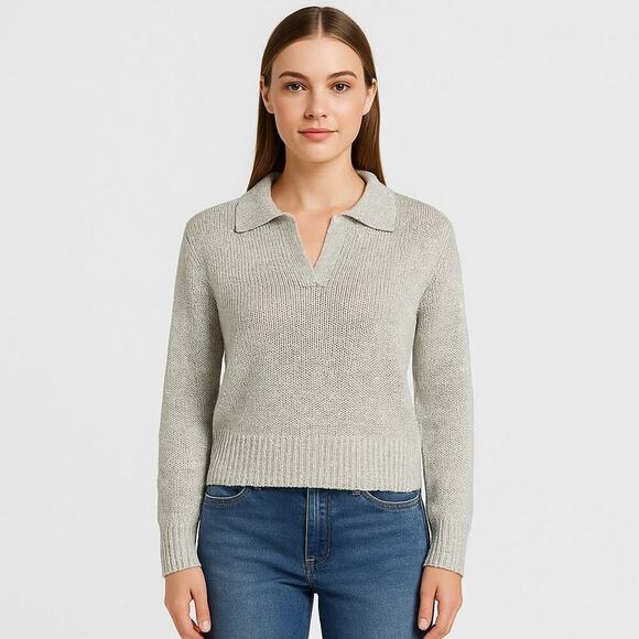 Marled Sweaters - Marled Womens Light Gray Metallic Sweater Size L Shimmery Knit Collared Pullover